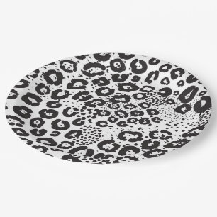 Black White Animal Print Snow Leopard Cheetah Paper Plate