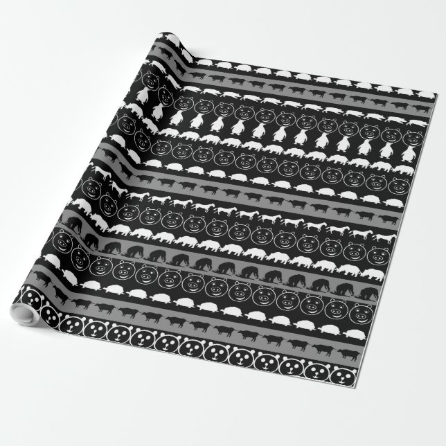 Black White Animals Modern Stripes Pattern #2 Wrapping Paper (Unrolled)