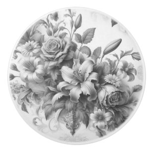 Black & White Antique Floral Perfection Ceramic Knob