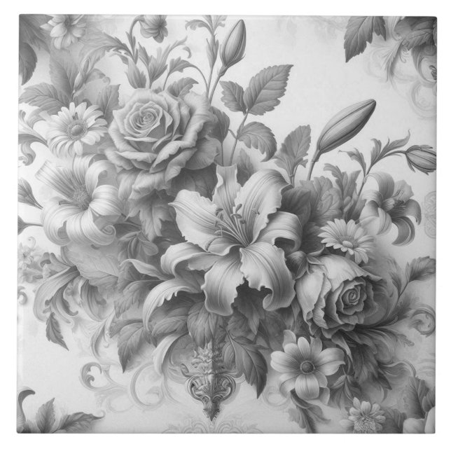 Black & White Antique Floral Perfection Ceramic Tile (Front)