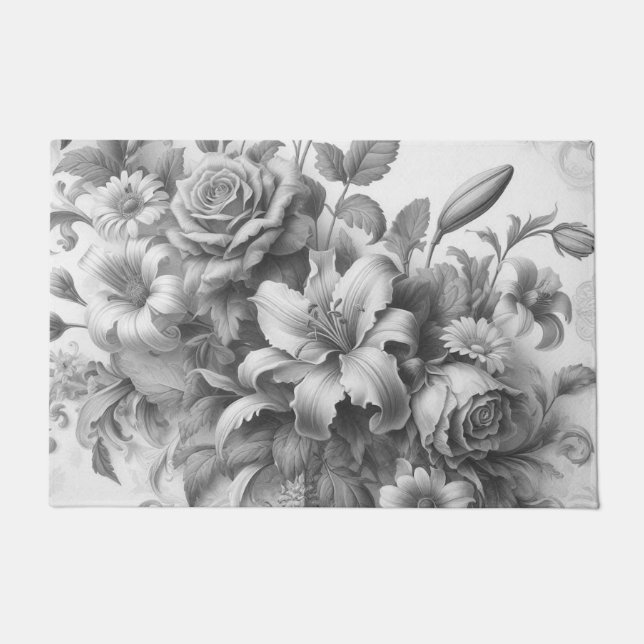 Black & White Antique Floral Perfection Doormat (Front)