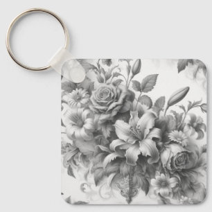Black & White Antique Floral Perfection Key Ring