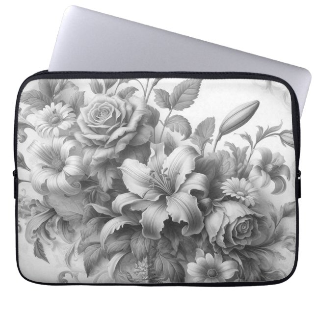 Black & White Antique Floral Perfection Laptop Sleeve (Front)