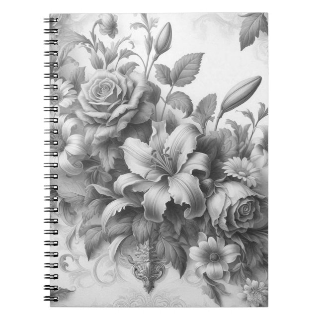 Black & White Antique Floral Perfection Notebook (Front)