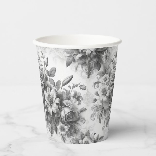 Black & White Antique Floral Perfection Paper Cups (Front)