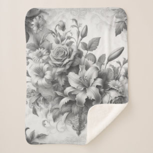 Black & White Antique Floral Perfection Sherpa Blanket