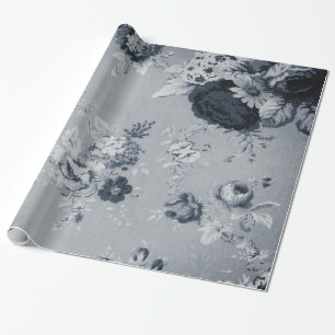 Black White Antiqued Vintage Floral Toile Fabric Wrapping Paper
