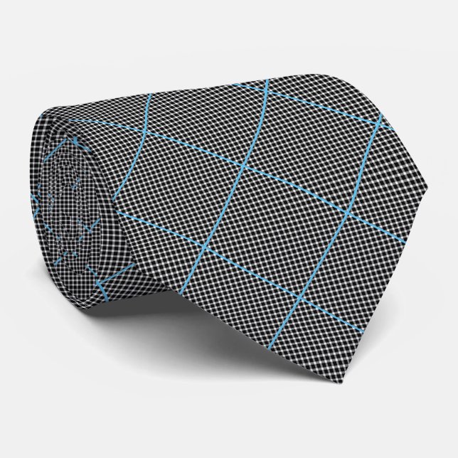 BLACK WHITE AQUA CHECKERED ABSTRACT TIE (Rolled)