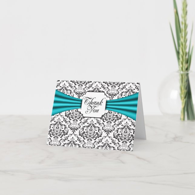 Black White Aqua Damask Thank You Note Cards (Front)