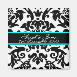 black white & aqua Damask wedding set Magnet