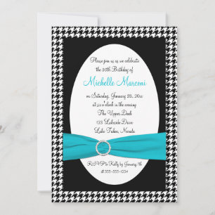 Black White Aqua Houndstooth 30th Birthday Invite