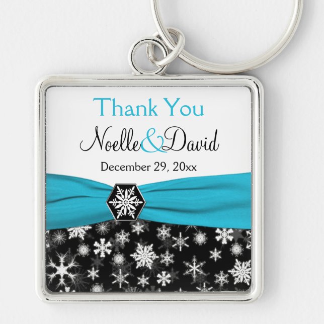 Black, White, Aqua Snowflake Thank You Key Chain (Front)