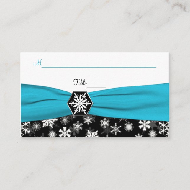 Black, White, Aqua Snowflakes Place Cards (Front)