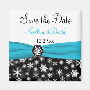 Black, White, Aqua Snowflakes Save the Date Magnet