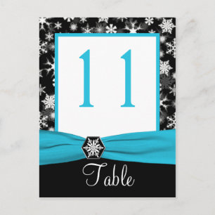 Black, White, Aqua Snowflakes Table Number Card