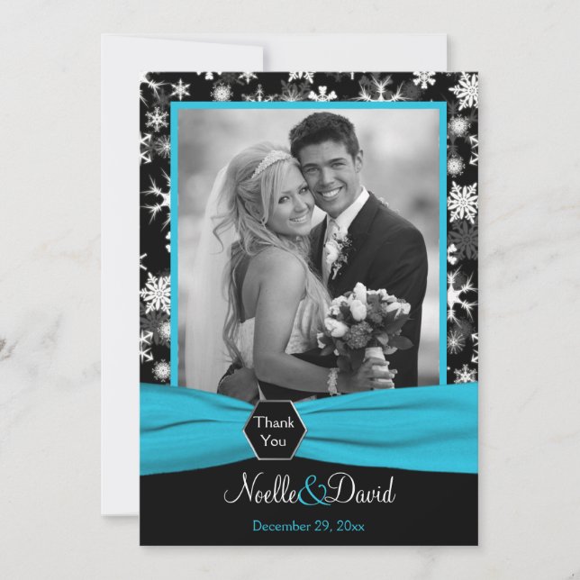 Black, White Aqua Snowflakes Thank You Card - Flat (Front)