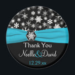 Black, White, Aqua Snowflakes Wedding Favour Magne Magnet<br><div class="desc">This black and white snowflakes wedding favour thank you magnet with FAUX aqua blue ribbon and snowflake medallion matches the wedding invitation shown below. All the text is customisable, and you can change the size and shape. If you require any other matching items in this design, please email your request...</div>