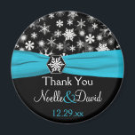 Black, White, Aqua Snowflakes Wedding Favour Magne Magnet<br><div class="desc">This black and white snowflakes wedding favour thank you magnet with FAUX aqua blue ribbon and snowflake medallion matches the wedding invitation shown below. All the text is customisable, and you can change the size and shape. If you require any other matching items in this design, please email your request...</div>