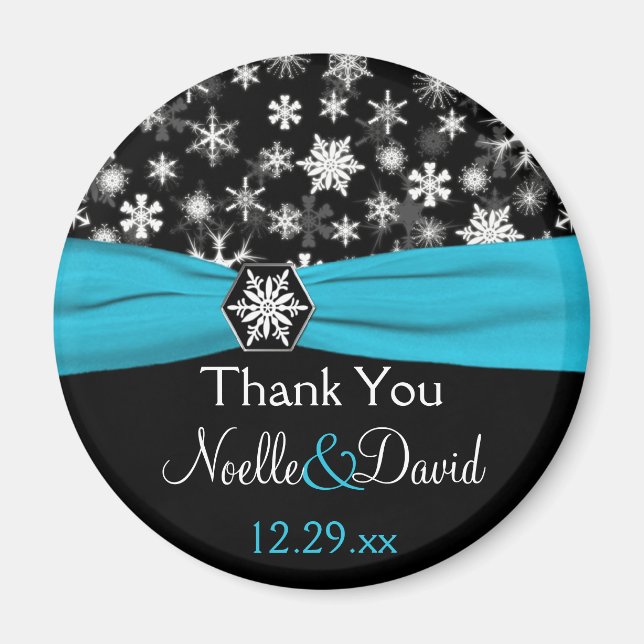 Black, White, Aqua Snowflakes Wedding Favour Magne Magnet (Front)