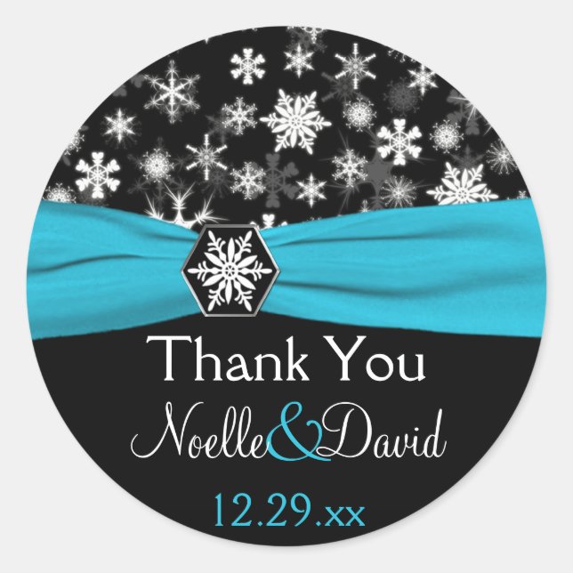 Black, White, Aqua Snowflakes Wedding Sticker (Front)