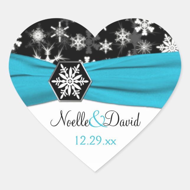 Black, White, Aqua Snowflakes Wedding Sticker (Front)
