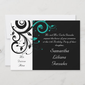 Black White Aqua Swirl Quinceañera Invitations