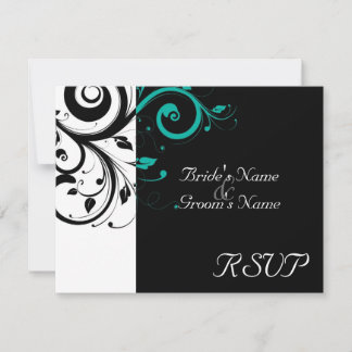 Black +White Aqua Swirl Wedding Matching RSVP Card