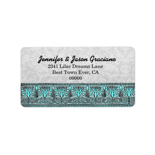 Black White Aqua Vintage Flowers Scroll Wedding Address Label