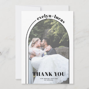 Black, white arch and typography photo wedding thank you card