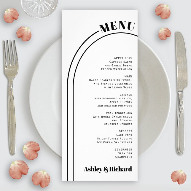 Black, white arch and typography wedding menu card (Creator Uploaded)