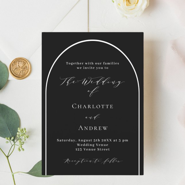 Black white arch modern script wedding invitation (Creator Uploaded)