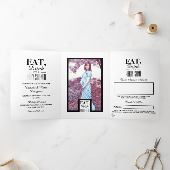 Black & White Art Deco Eat Drink Baby Shower Suite Tri-Fold Invitation (Inside)