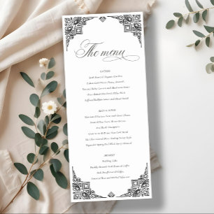 Black White Art Deco Ornate Wedding Menu Card