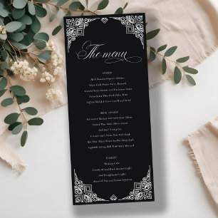 Black White Art Deco Ornate Wedding Menu Card