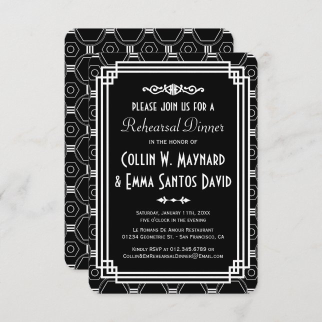 Black & White Art Deco Rehearsal Dinner Invites (Front/Back)