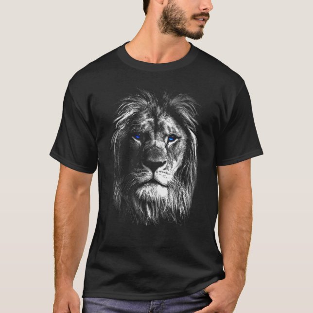 Black & White Art Lion Head With Blue Eyes T-Shirt (Front)