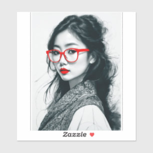 Black White Asian Lady Portrait Red Lips And Glass