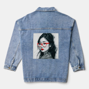 Black White Asian Lady Portrait Red Lips And Glass Denim Jacket