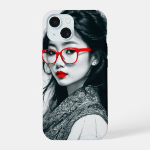 Black White Asian Lady Portrait Red Lips And Glass iPhone 15 Case