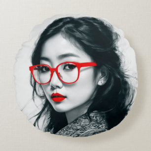 Black White Asian Lady Portrait Red Lips And Glass Round Cushion