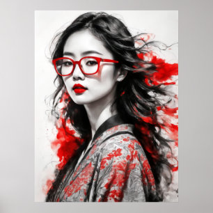 Black White Asian Woman Woman Drawing Poster