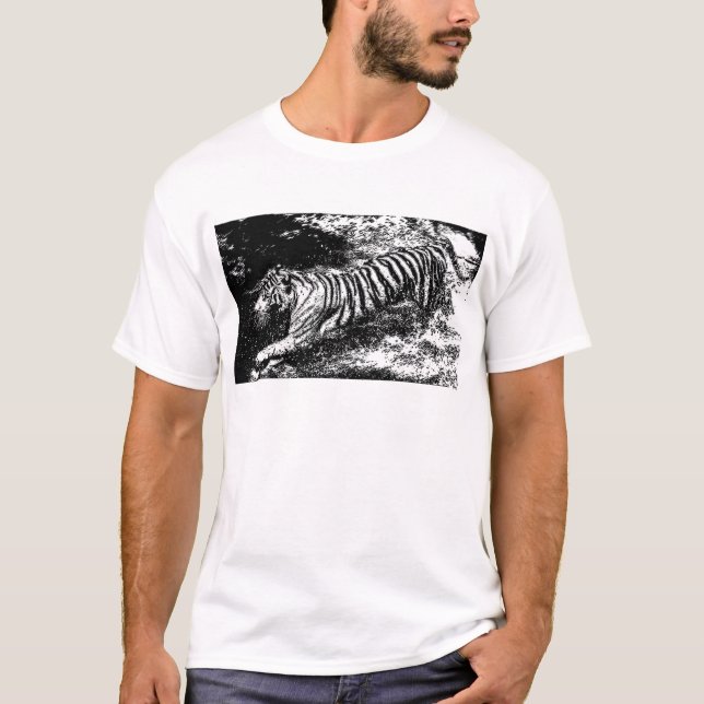 Black & White Attacking Tiger T-Shirt (Front)
