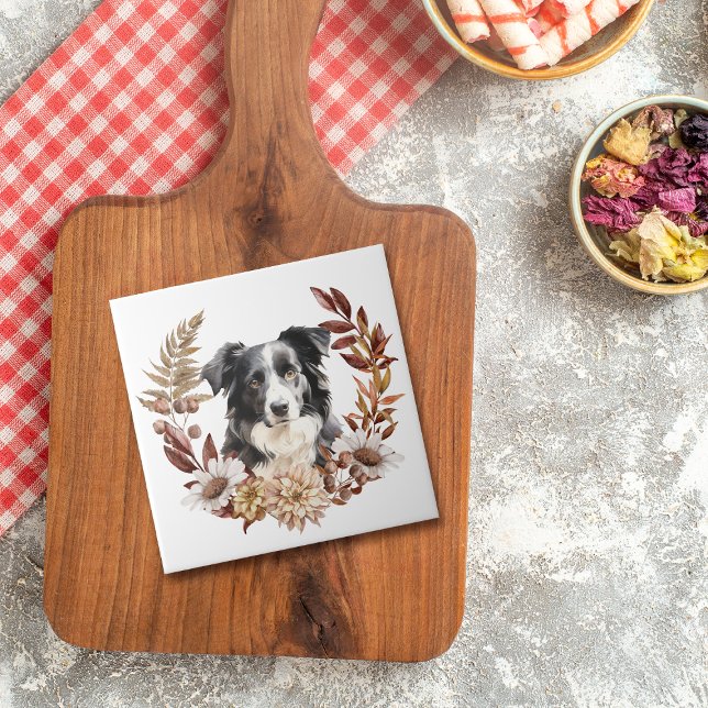 Black White Australian Shepherd Dog Autumn Wreath Ceramic Tile (Creator Uploaded)