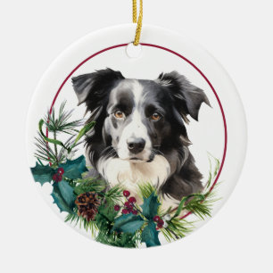 Black White Australian Shepherd Evergreen Wreath Ceramic Ornament
