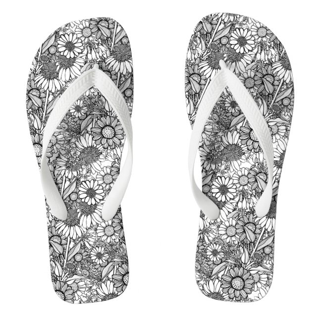 Black & White Australian Wildflower Garden Thongs (Footbed)
