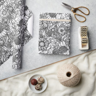 Black & White Australian Wildflower Garden Wrapping Paper
