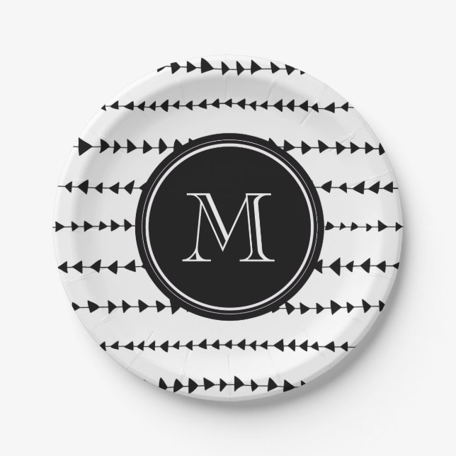 Black White Aztec Arrows Monogram Paper Plate (Front)