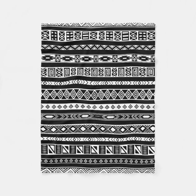 Black White Aztec Tribal Geometric Pattern Fleece Blanket (Front)