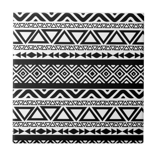 Black White Aztec Tribal Pattern Tile (Front)