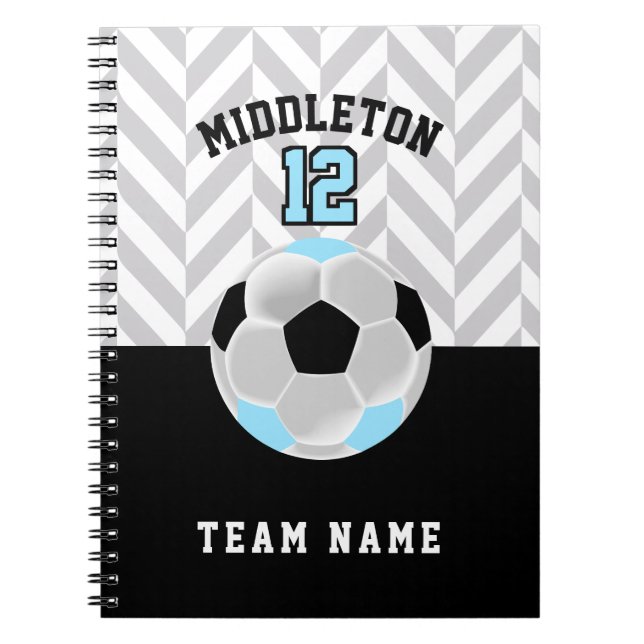 Black, White & Baby Blue Soccer Ball - Personalise Notebook (Front)